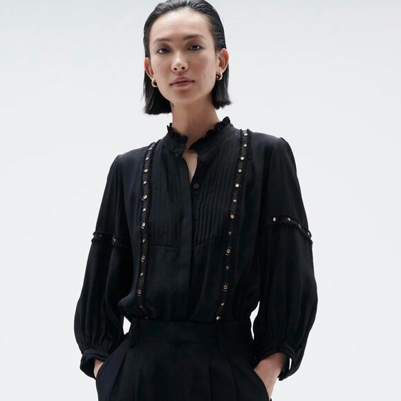 Figue Emilia Top Black Boho Beaded Pleated Ruffle Bib Embellished Blouse Small - Picture 1 of 8